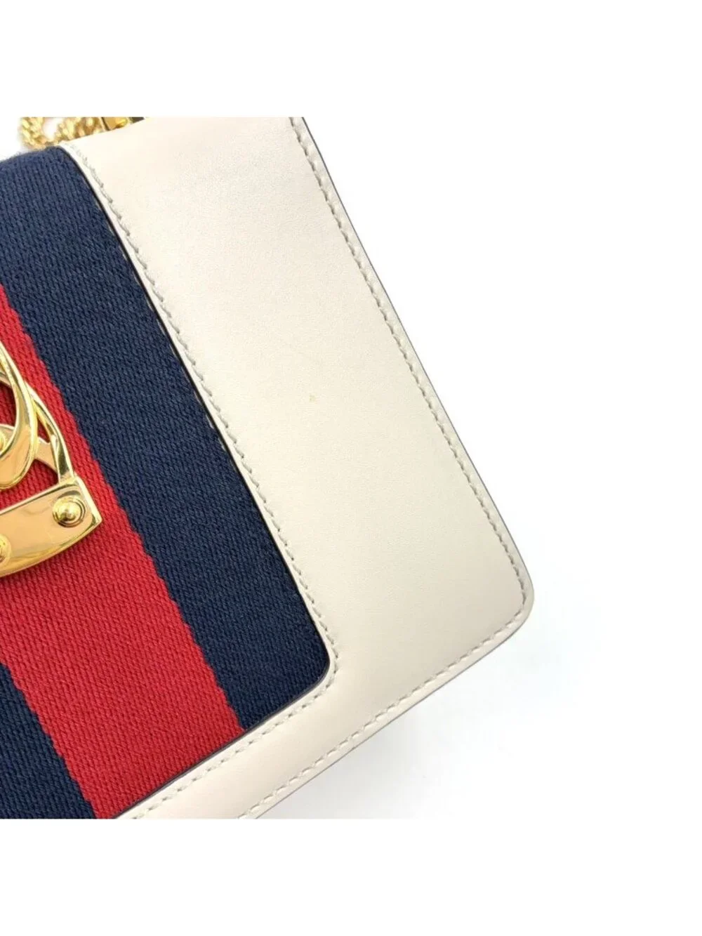 Gucci Sylvie Mini Canvas Calfskin Off White Navy Red Chain Shoulder Bag Gold